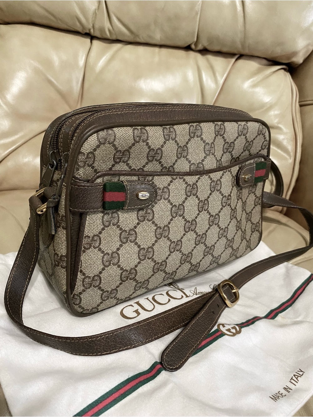 Gucci Camera Bag Two Compartment Crossbody GG Web Stripe Vintage Unisex